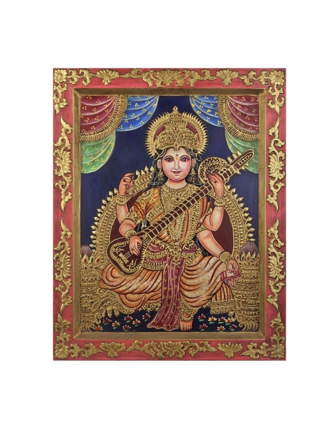 

Exotic India Red Goddess Saraswati Adorned in Rich Silk Hand-Painted Wall Art
