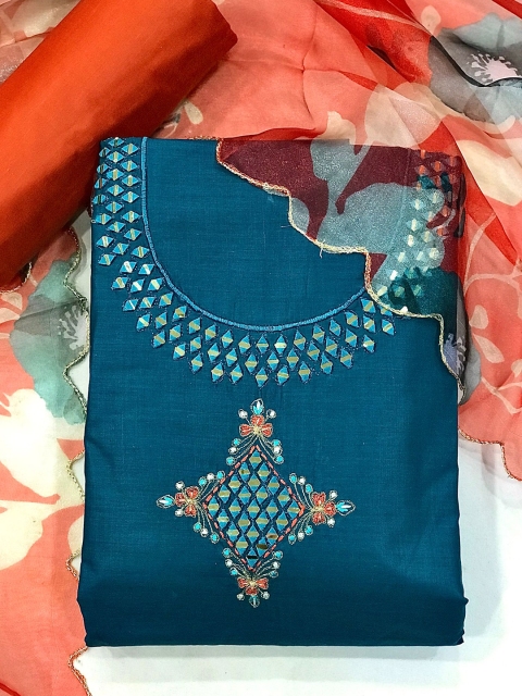 

MORLY Teal & Red Embroidered Unstitched Dress Material