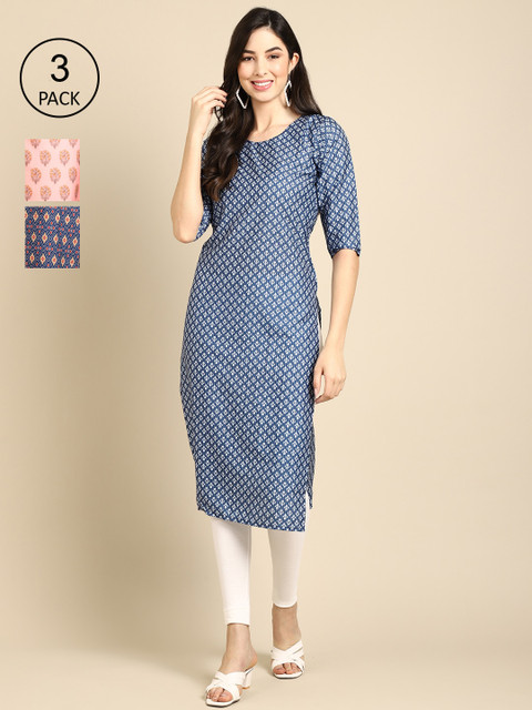 

Ethnic basket Women Pack Of 3 Blue & Peach-Coloured Printed Block Print Crepe Kurtas