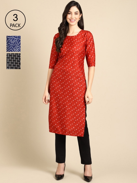 

Ethnic basket Women Pack Of 3 Red & Black Geometric Printed Block Print Crepe Kurtas