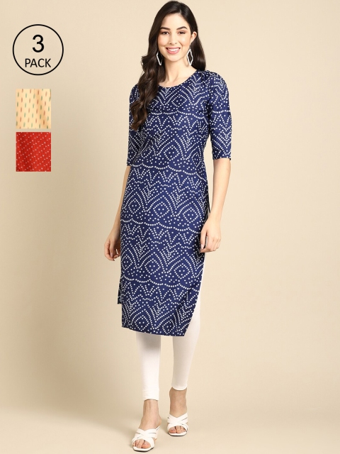 

Ethnic basket Women Pack Of 3 Blue & Beige Geometric Printed Block Print Crepe Kurtas