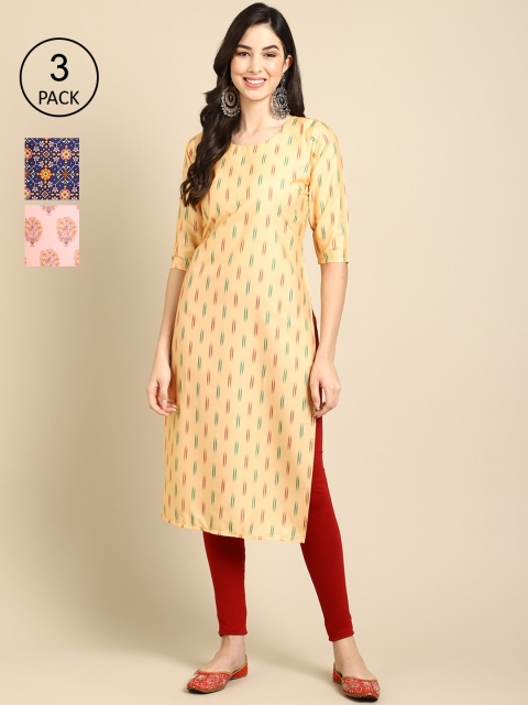 

Ethnic basket Women Multicoloured Striped Keyhole Neck Flared Sleeves Block Print Crepe Kurta, Multi