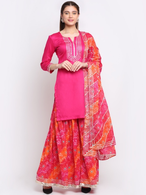 

anokherang Women Pink Floral Yoke Design Panelled Gotta Patti Pure Cotton Kurti with Sharara & With Dupatta