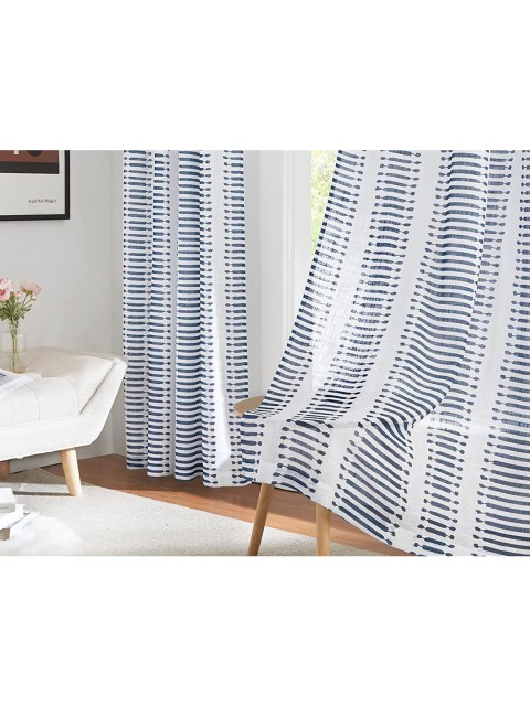 

URBAN SPACE Blue & Off White Set of 2 Striped Sheer Window Curtain