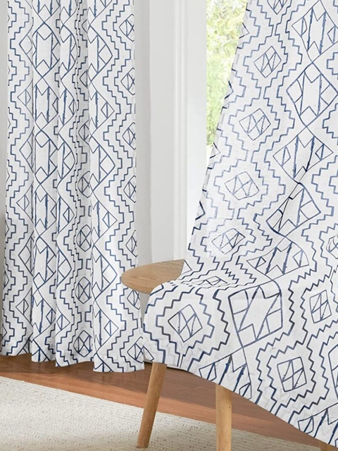 

URBAN SPACE Set of 2 Blue & White Geometric Sheer Window Curtains