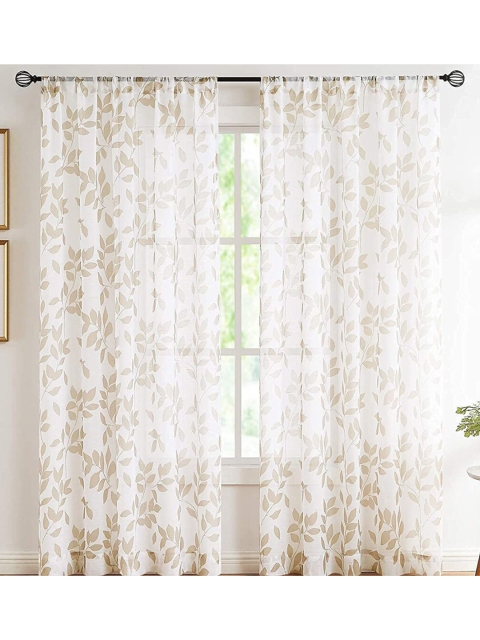 URBAN SPACE Taupe & White Set of 2 Floral Sheer Door Curtain