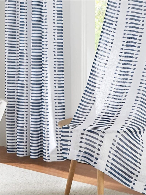

URBAN SPACE Set of 2 White & Blue Striped Sheer Door Curtain
