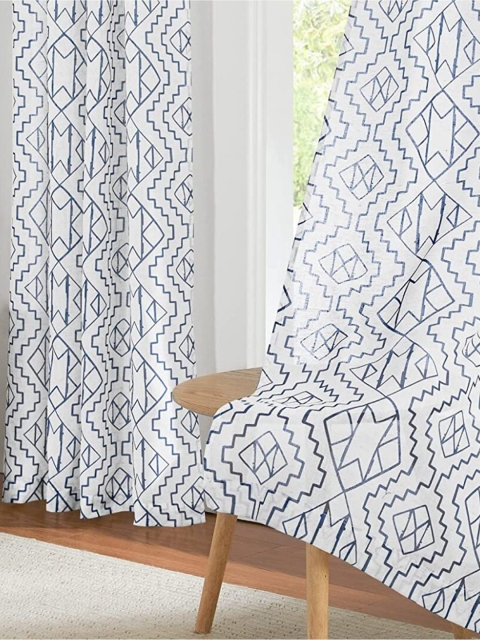 

URBAN SPACE Blue & White Set of 2 Geometric Sheer Door Curtain