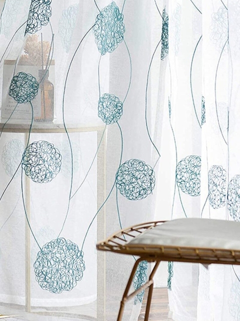 

URBAN SPACE Turquoise Blue & White Set of 2 Sheer Long Door Curtain