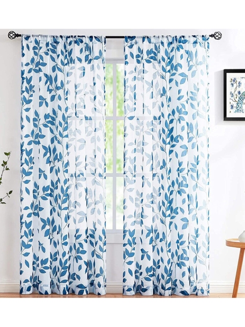 

URBAN SPACE Blue & White Set of 2 Floral Sheer Window Curtain