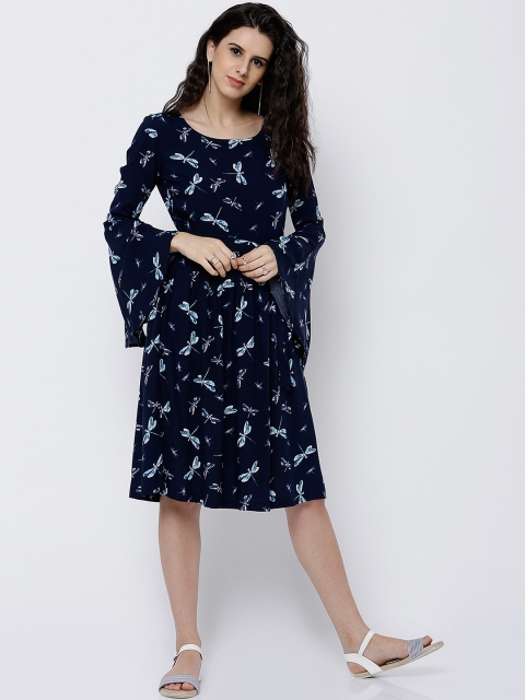 

Tokyo Talkies Women Navy Printed A-Line Dress, Navy blue