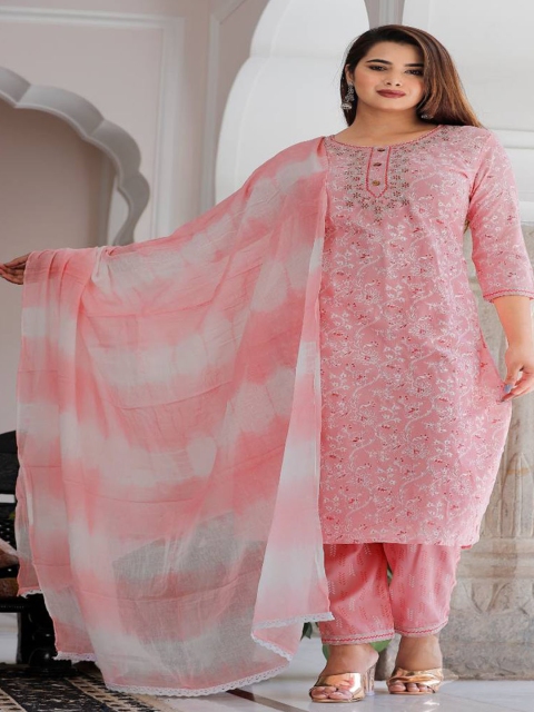 

SINGNI Women Pink Embroidered Kurta with Palazzos & With Dupatta