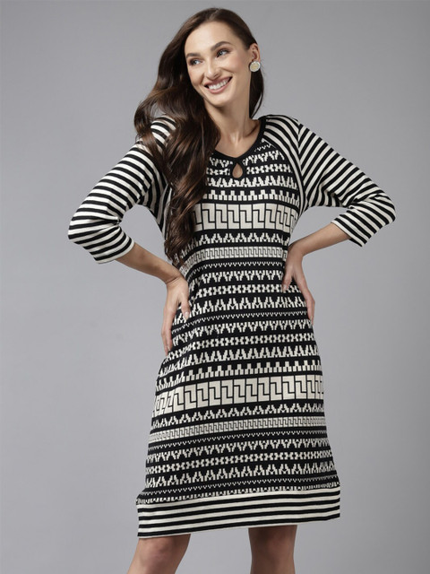 

Aarika Black Black Off White Printed Keyhole Neck A-Line Dress