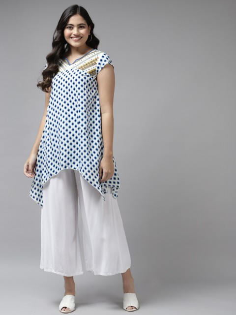 

Aarika Women pure cotton Blue & White Geometric Print High-Low Longline Top