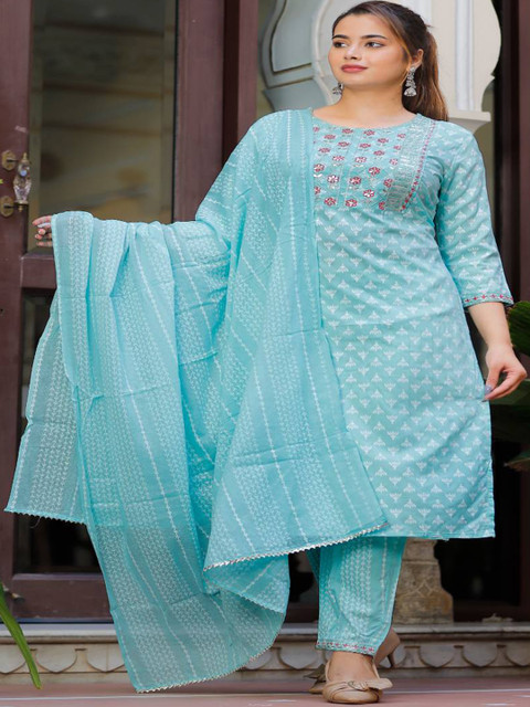 

SINGNI Women Blue Printed Kurta with Palazzos & With Dupatta