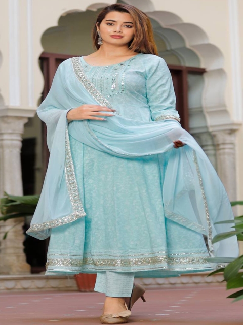 

SINGNI Women Blue Embroidered Empire Kurta with Skirt & With Dupatta