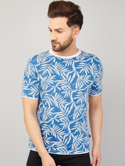 

Rodzen Men Blue Floral Printed Tropical Pure Cotton T-shirt