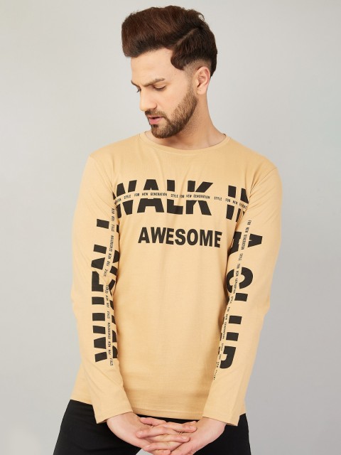 

Rodzen Men Beige Typography Printed Pure Cotton T-shirt