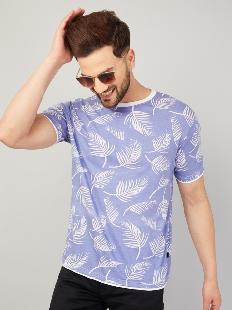 

Rodzen Men Purple & White Tropical Printed Pure Cotton T-shirt