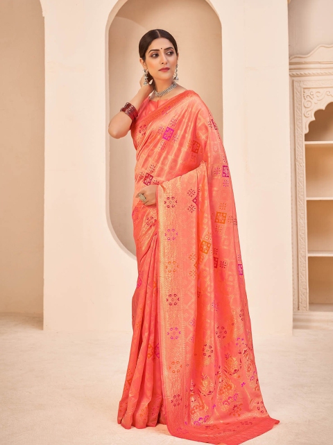 

ODETTE Peach-Coloured & Pink Floral Zari Silk Blend Saree
