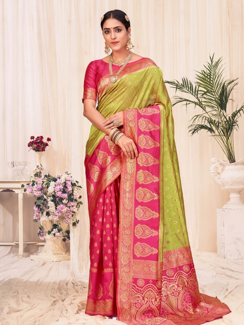 

ODETTE Lime Green & Red Woven Design Zari Silk Blend Saree