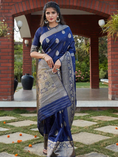 

ODETTE Navy Blue & Gold-Toned Woven Design Zari Silk Blend Saree