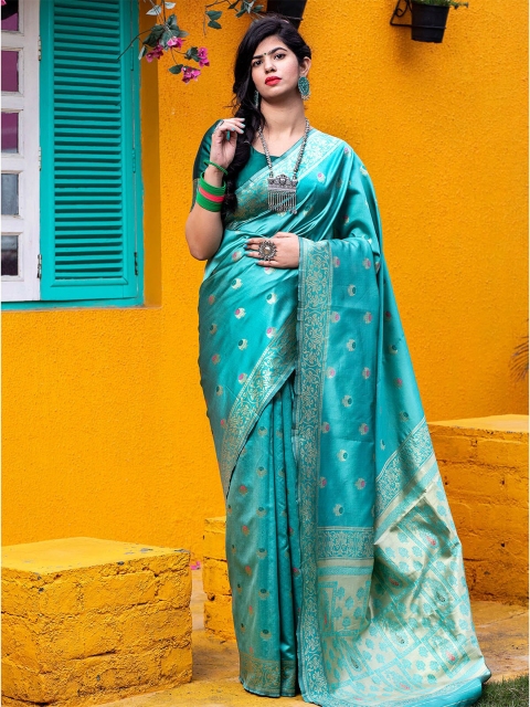 

ODETTE Green & Gold-Toned Ethnic Motifs Zari Banarasi Saree