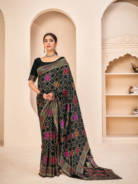 

ODETTE Women Black & Pink Woven Design Zari Silk Blend Saree