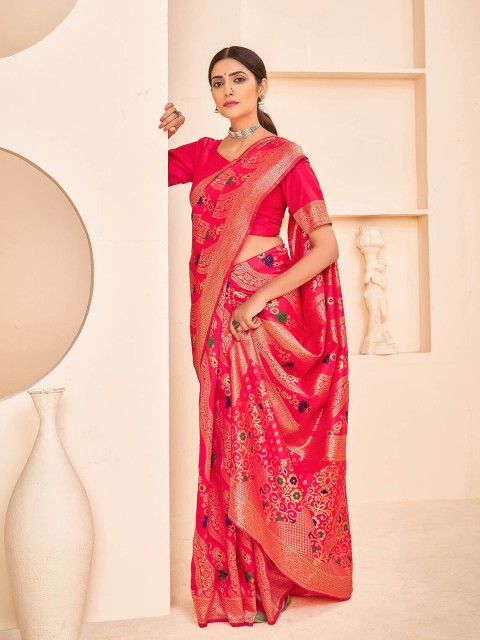 

ODETTE Pink & Blue Floral Zari Silk Blend Saree