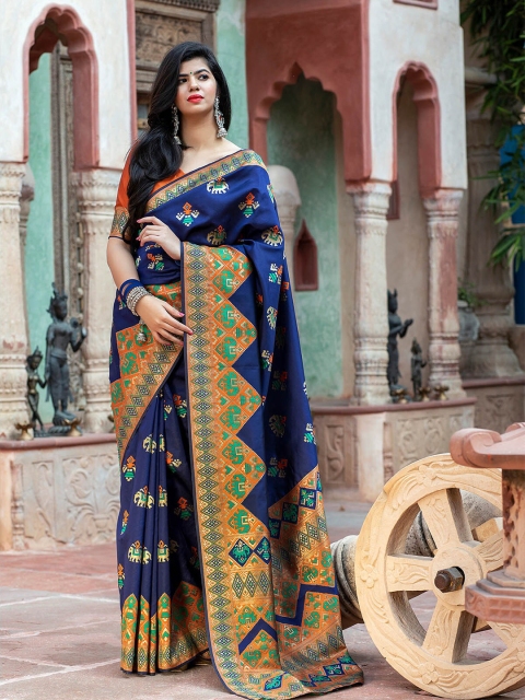 

ODETTE Navy Blue & Orange Ethnic Motifs Zari Silk Blend Patola Saree