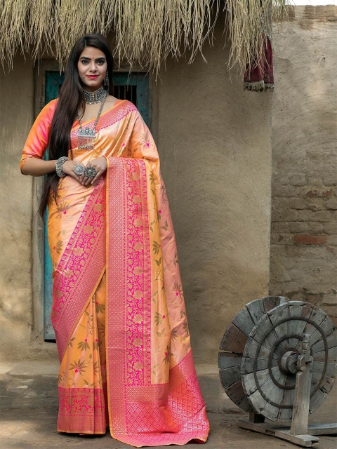 

ODETTE Orange & Pink Floral Zari Banarasi Saree