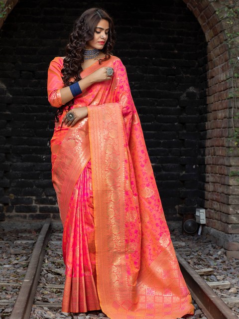 

ODETTE Pink & Gold-Toned Floral Woven Design Zari Silk Blend Saree