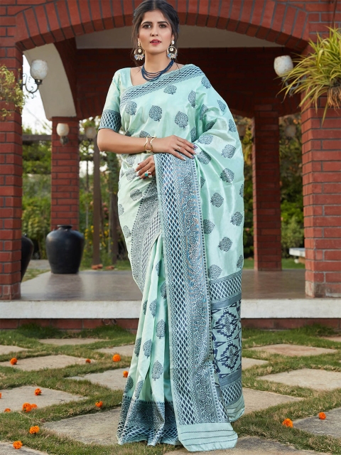 

ODETTE Turquoise Blue & Blue Woven Design Silk Blend Saree