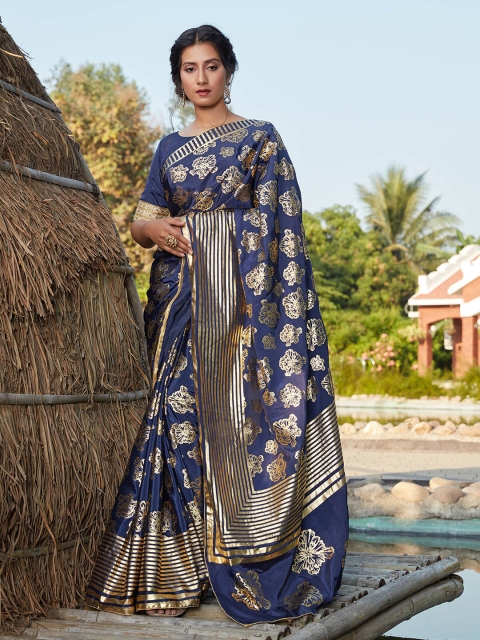 

ODETTE Navy Blue & Gold-Toned Floral Printed Silk Blend Saree