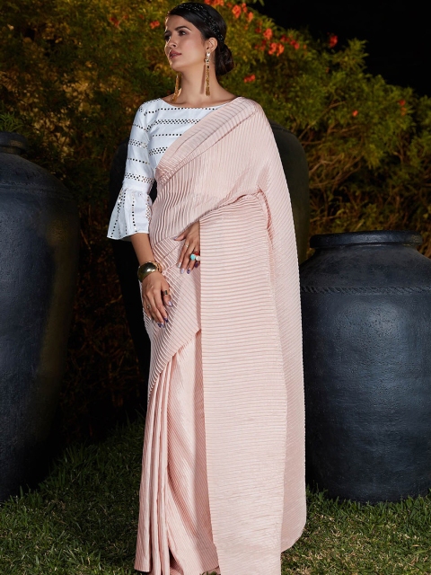 

ODETTE Pink Pleated Silk Blend Saree
