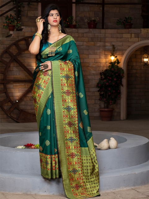 

ODETTE Green & Gold-Toned Ethnic Motifs Zari Silk Blend Saree