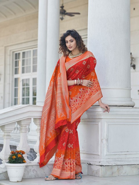 

ODETTE Red & Orange Woven Design Zari Silk Blend Saree