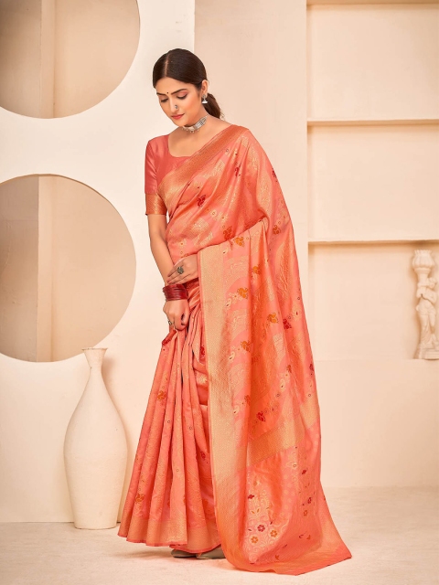 

ODETTE Peach-Coloured & Gold-Toned Ethnic Motifs Zari Silk Blend Banarasi Saree