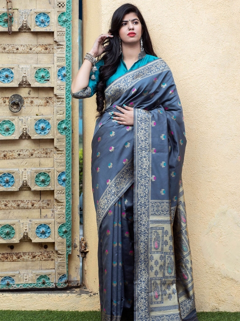 

ODETTE Grey & Gold-Toned Ethnic Motifs Zari Silk Blend Banarasi Saree