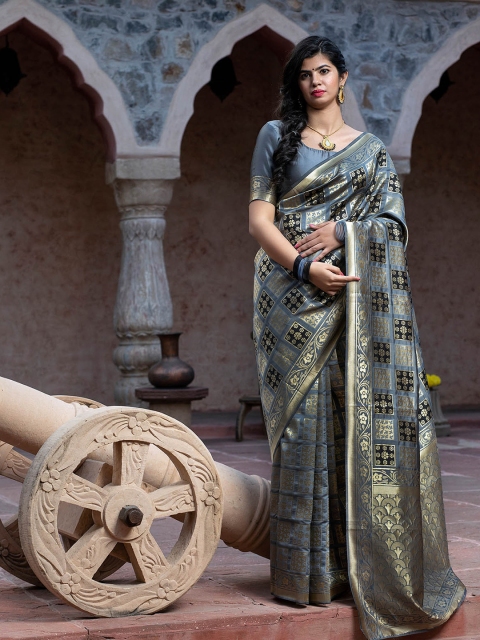

ODETTE Grey & Black Woven Design Silk Blend Saree