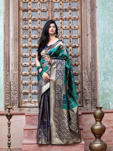 

ODETTE Navy Blue & Green Woven Design Zari Silk Blend Banarasi Saree