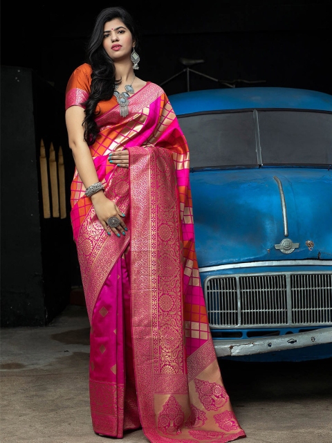 

ODETTE Pink & Orange Woven Design Zari Silk Blend Saree