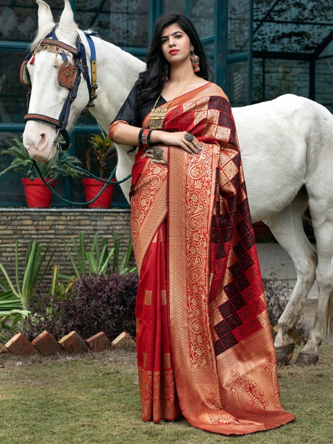 

ODETTE Red & Black Woven Design Zari Silk Blend Banarasi Saree