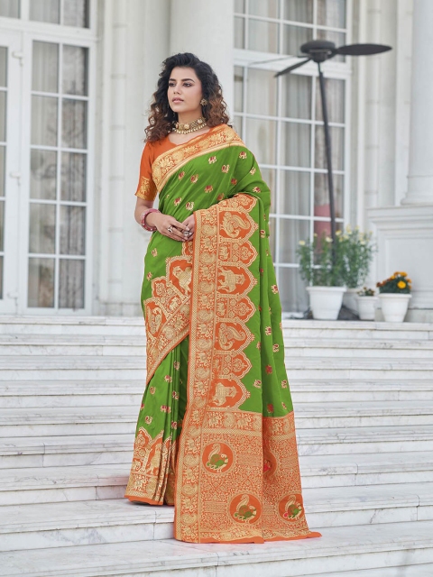 

ODETTE Green & Orange Woven Design Zari Silk Blend Saree