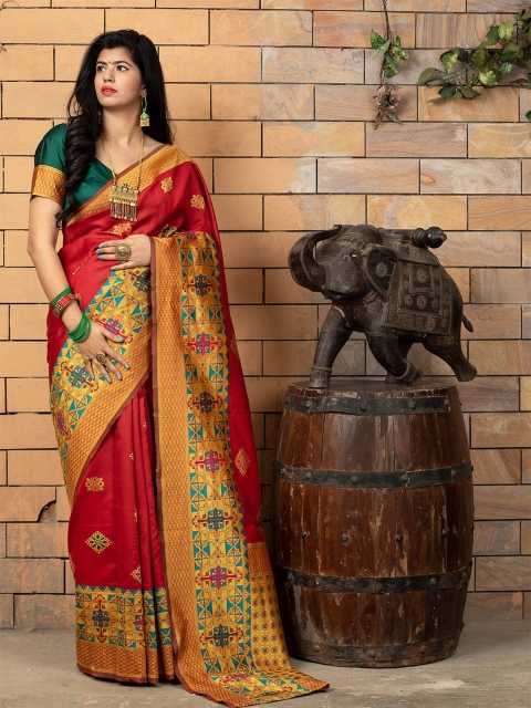 

ODETTE Red & Blue Ethnic Motifs Silk Blend Banarasi Saree