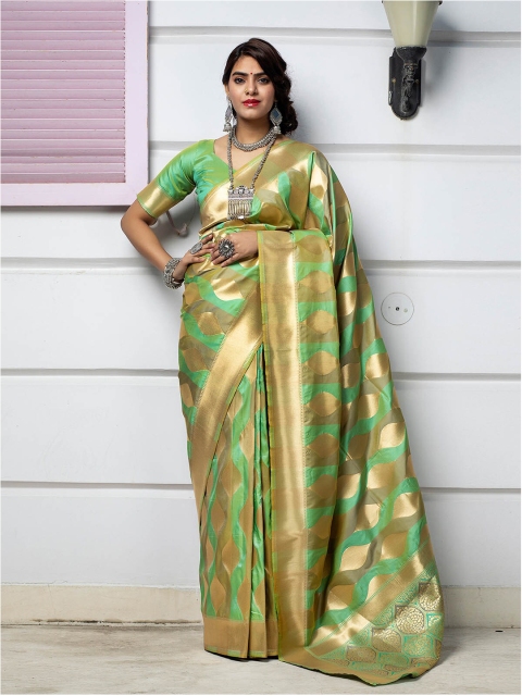

ODETTE Green & Gold-Toned Ethnic Motifs Zari Silk Blend Saree