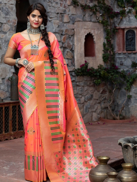 

ODETTE Pink & Green Woven Design Zari Silk Blend Saree