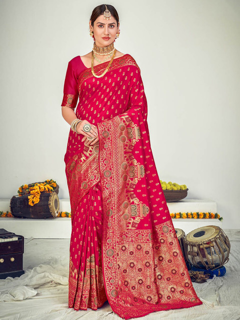

ODETTE Pink & Gold-Toned Ethnic Motifs Zari Silk Blend Saree
