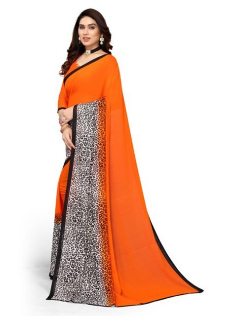 

Yashika Orange & Black Floral Printed Georgette Saree