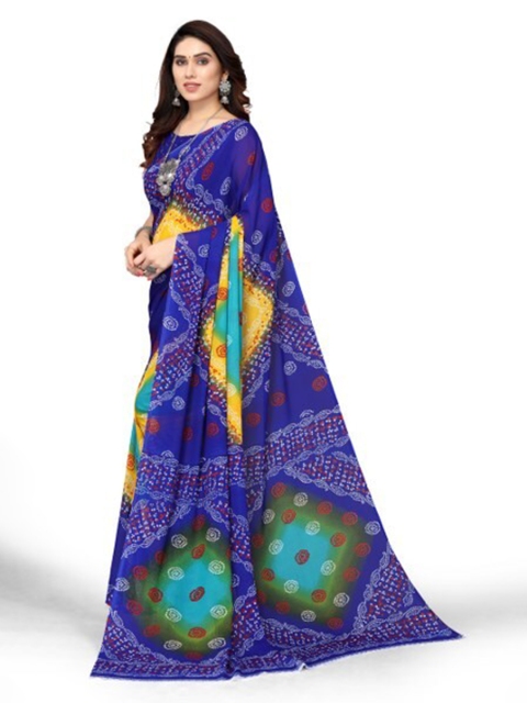 

Yashika Blue & Yellow Georgette Floral Printed Saree With Unstiched Blouse